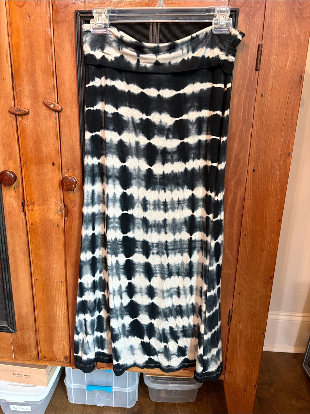 Black & White Tie-Dye Maxi Skirt with Fold-Over Waistband